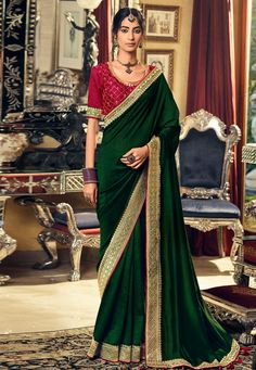 Green silk festival wear saree 3405  Desc:  Color : Green Fabric : Silk Work : Embroidery Wash Care : Dry clean Sleeve Style : Half Sleeve Long Sleeves : Done only in Custom Stitch Sleeves Lining : Done only in Custom Stitch Bust Size : 32 to 42 Inches Occasion : Festival   Diwali   Eid   Durga Pooja   Ganesh Charturthi   Dussehra. With Express Free Shipping and Custom Stitching, Buy Indian Wedding Party Wear Saree Green silk festival wear saree 3405 online in USA, UK and Canada from KollyBollyE Peacock Colour Saree, Green Saree Contrast Blouse, Saree Contrast Blouse, Green Contrast Color, Peacock Colour, Blue Silk Saree, Traditional Saree, Party Wear Saree, Silk Fabrics