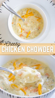 chicken chowder soup in a white bowl with a spoon on the side and an image of