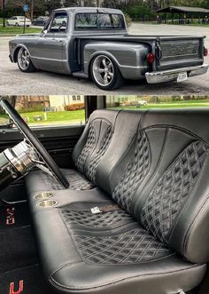 two pictures of the inside and outside of an old pickup truck, one with leather seats