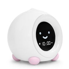 a white alarm clock with pink legs and eyes