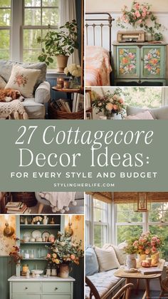 the cover of 27 cottage decor ideas for every style and budget, with pictures of furniture