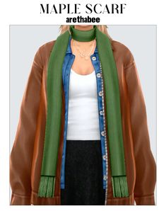 a woman wearing a brown jacket and green scarf with the words maple scarf arethahe on it