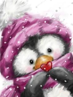 a painting of a penguin wearing a pink hat and scarf with a heart in it's mouth