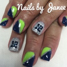 Seahawks Nails Acrylic, Nfl Nails Design, Football Mom Nail Designs, Seahawk Nails Design, Sports Nails Designs, Soccer Nails Design, Seattle Mariners Nails, Dolphins Nails, Basketball Nail Designs