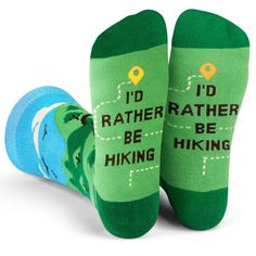 Buy On Amazon Show off your love for adventure and the great outdoors with these fun novelty socks for men and women. The design features a serene hiking scene and a funny hidden message on the bottom: "I'd Rather Be Hiking." Any outdoorsman would be proud to sport these luxuriously comfortable hiking socks. PRODUCT DETAILS: Crew Length One size fits most (U.S. Men's size 6-13, Women's size 7-11) 85% Combed Cotton, 10% Spandex and 5% Elastic Machine wash cold. Tumble dry low. Do not iron. Outdoorsy Man, Outdoorsy Men, Funny Socks For Men, Novelty Gifts For Men, Mens Hiking, Teen Christmas Gifts, Golf Gifts For Men, Hiking Socks