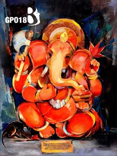 an oil painting of the god ganesh in red and gold colors with words above it