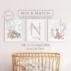 a baby's room with three pictures on the wall and a crib next to it