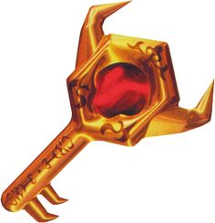 a golden metal object with a red ball in it's center and two spikes sticking out of the top