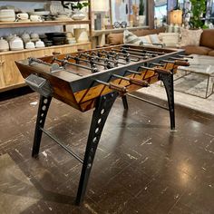 Reclaimed Cast Iron and Wood Foosball Table - shop unique finds at City Home Foosball Table Diy, Rustic Game Tables, Metal And Wood Bench, Modern Media Cabinets, Modern Industrial Furniture, Cast Iron Legs, Metal Patio Furniture, Foosball Table, Table Surface