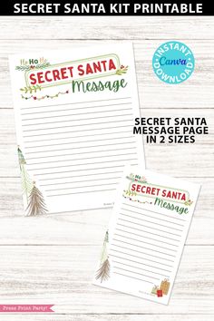 the secret santa printable is shown on top of a wooden table with two christmas tree lined