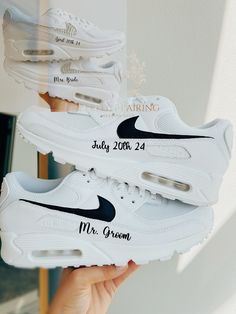 TURNAROUND TIME: Your customized pair of sneakers will take 2 weeks to be crafted just for you, and shipping will take an additional 3-5 business days. We offer FREE shipping within the US. For expedited orders, an additional fee will be imposed.  For customized bridal shoes, sizes 5-12 are available. What is included will vary based upon individual requests.  Here are the options: rhinestones, pearls, lace/satin ribbon with attached charms, or "paint design" for men's sneakers.  Note: ONLY THE Wedding Dress With Sneakers, Sneakers For Bride, Wedding Bride Shoes, Wedding Sneakers For Bride, Uncomfortable Shoes, Jordan Air Max, Sneakers Wedding, Wedding Dates, Bridal Sneakers