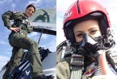 a woman in an air force pilot's uniform is posing for the camera with her helmet on