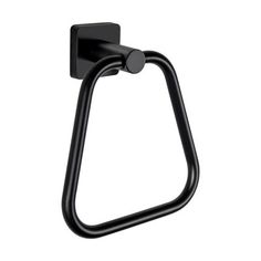 a black towel ring on a white background, with the handle extended to the wall