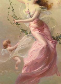 a painting of a woman holding a child in her arms and flying through the air