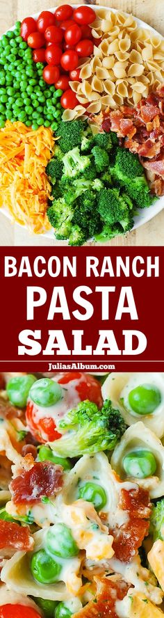 this bacon ranch pasta salad is loaded with fresh vegetables and lots of cheese, it's ready to be eaten