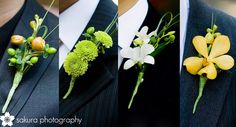 three different pictures of the same man in a suit with flowers on his lapel