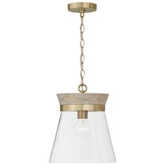 an antique brass and clear glass pendant light fixture with a chain hanging from the ceiling