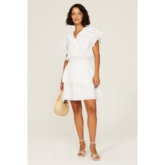 White cotton (100% Cotton). Hourglass. V-neck. Short sleeves. Pull-on. 37" from shoulder to hemline. Imported. Cotton V-neck Dress For Brunch, Spring Cotton V-neck Dress, Cotton V-neck Dress With Ruffles, Spring Cotton V-neck Dress With Short Sleeves, Casual Cotton V-neck Summer Dress, Short Sleeve Cotton V-neck Dress For Spring, V-neck Cotton Mini Dress For Vacation, Cotton V-neck Mini Dress For Day Out, Cotton V-neck Mini Dress For Brunch