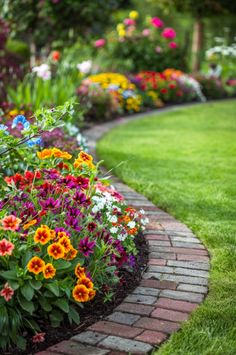 Garden with Basketweave Brick Edging. Lawn Edging Ideas, Garden Lawn Edging, Edging Tools, Concrete Edging, Edging Stones, Stone Edging, Brick Edging, Metal Edging, Paved Patio