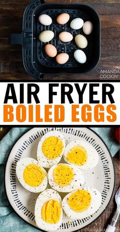 air fryer boiled eggs on a plate with text overlay