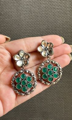 Buy Green Silver Earrings Oxidised Brass Antique Chandbalis Flower Shaped / Indian Traditional Jewellery, Ethnic Jhumkas Jhumkis, Lightweight Online in India - Etsy Indian Traditional Jewellery, Earrings Oxidised, Antique Silver Earrings, Traditional Jewellery, Brass Antique, South Indian Jewellery