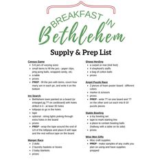 the breakfast menu for bethlemen supply and prep list is shown in red, green, and white