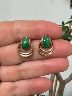 14K gold Earrings Emerald Cabochon .  These are absolutely Stunning. Weight is 4.6 Grams on MY SCALE. Measure .70" x .50"  Will ship Priority Insured    For more items click on :  http://www.etsy.com/shop/MISSIONMOD?ref=pr_shop_more  **ALL METALS AND STONES ARE TESTED TO BE SUCH,BUY WITH CONFIDENCE THAT HERE AT MISSION*MOD WE STRIVE TO BRING YOU THE BEST WE CAN FIND...RANGING FROM VINTAGE TO ANTIQUE JEWELRY, CLOTHING AND EVERYTHING ELSE IN BETWEEN**  CHECK OUT OUR OTHER JEWELRY, INCLUDING  CHARM Formal Gold Clip-on Cabochons, Formal Yellow Gold Round Cabochons, Gold Polished Cabochons For Anniversary, Elegant Yellow Gold Hallmarked Cabochons, Elegant Gold Oval Cabochons, Round Cabochon Earrings In Fine Jewelry Style, Yellow Gold Round Cabochons For Fine Jewelry, Yellow Gold Round Cabochons Fine Jewelry, Yellow Gold Cabochon Earrings For Anniversary