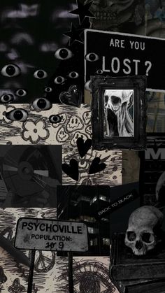 a collage of black and white images with skulls, signs, and other items