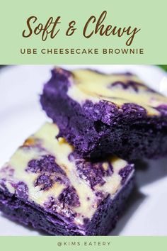 two pieces of blueberry cheesecake brownie on a plate with the title soft & chewy