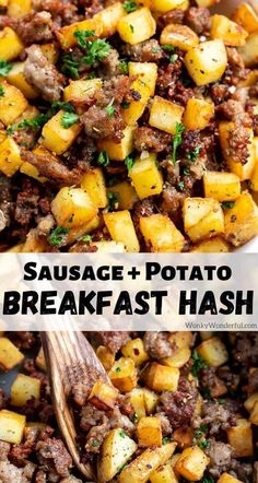 sausage and potato breakfast hash in a white bowl with a wooden spoon on the side