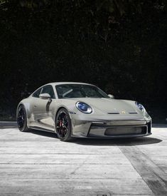 a grey porsche gtr is parked in front of some bushes