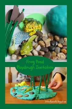 a child playing with playdough in front of some rocks and plants on the table