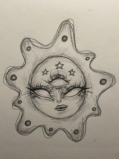 a drawing of a woman's face in the center of a sun with stars on it