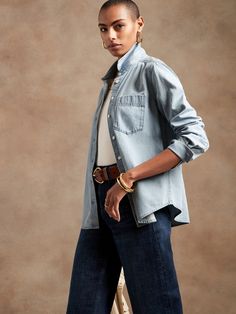 How To Wear A Denim Shirt, Light Denim Shirt Outfit, Classic Button-up Denim Top, Jean Shirt, Denim Blouse Outfit, Everyday Button-up Denim Shirt, Chic Button-up Denim Blouse, Chic Denim Button-up Shirt, Classic Indigo Button-up Denim Top