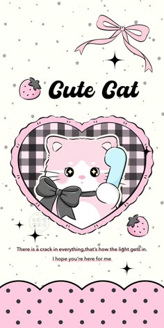 a pink and black cat is sitting in a heart shaped frame with the words cute cat on