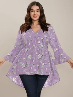 BloomChic Plus size clothing for women. You'll actually want to wear. Shop women's clothing sizes 10-30. With new styles added daily, you'll always find something to love. Free shipping on order $69. Free return for first order. Just shop now. Color:Pink,Purple Season:Spring Purple V-neck Blouse With Buttons, Womens Trendy Tops, Love Free, Hem Blouse, Plus Size Clothing For Women, Womens Clothing Sizes, Sleeve Detail, High Low Hem, Trendy Tops