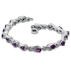 On her February birthday, give her a gift she will treasure forever. Fashioned in fine sterling silver, this infinity symbol link bracelet features glistening 5.0 x 3.0mm pear-shaped amethysts enhanced with shimmering diamonds totaling 1/10 ct. A captivating look, this polished bracelet measures 7.0 inches in length and secures with a lobster claw clasp. Sterling Silver Amethyst Bracelet For Formal Occasions, Formal Sterling Silver Amethyst Bracelet, Diamond Bracelets With Gemstone Accents For Anniversary, Silver Infinity Gemstone Jewelry, Silver Infinity Jewelry With Gemstone, Elegant Infinity Gemstone Jewelry, Sterling Silver Bracelets With Diamond Accents As Gift, Elegant Purple Sterling Silver Bracelet, Elegant Silver Tennis Bracelet With Amethyst