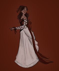 a drawing of a woman in a white and brown dress with a red sash around her neck