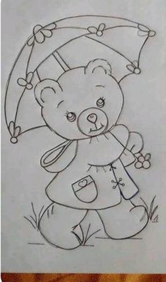 a drawing of a teddy bear holding an umbrella