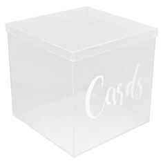 a clear plastic box with the word cards printed on it