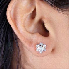 Diamond Earrings With Prong Setting In Flower Shape, Diamond Flower Shape Earrings With Prong Setting, Diamond Flower-shaped Earrings With Prong Setting, Flower Shaped Diamond Earrings With Prong Setting, Fine Jewelry Cluster Earrings With Halo Design For Anniversary, Diamond Halo Earrings In Flower Shape, Flower Shape Diamond Earrings With Halo Design, Diamond Flower-shaped Earrings With Halo Design, Diamond Flower Earrings Brilliant Cut Fine Jewelry