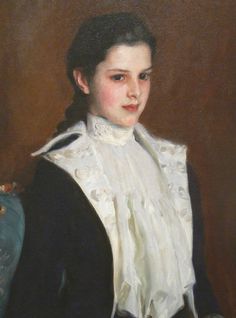 a painting of a young woman in a white blouse