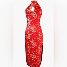 Women's Wedding Red Dragon Halter Backless Long Chinese Dress Chinese Long Dress, Wedding Red, Qipao Dress, Red Dragon, Chinese Dress, Red Wedding, Dress Party, Wedding Party Dresses, Dresses Wedding