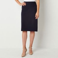 This Liz Claiborne women's pencil skirt is a classic style choice for a day of meetings or a casual event. Cut from smooth stretch-twill, this midi-length style has a flat front waist with a back zip closure. Complement it with a fine-knit sweater or blouse.Front Style: Flat FrontFeatures: Stretch FabricClosure Type: ZipperClosure Location: BackRise: Mid RiseApparel Length: 25.5 InchesFiber Content: 75% Polyester, 19% Rayon, 6% ElastaneFabric Description: Woven, TwillLining: LinedSkirt Length: K Office Lady Style Midi Pencil Skirt, Office Midi Pencil Skirt, Classic Business Casual Skirt, Elegant Midi Pencil Skirt For Work, Office Knee-length Pencil Skirt, Chic Business Knee-length Pencil Skirt, Knee-length Lined Mini Skirt For Work, Classic Mini Skirt For Business Casual, Chic Knee-length Pencil Skirt For Business