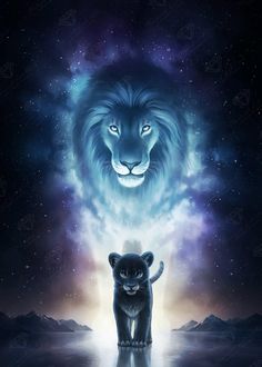 an image of a lion and a tiger in the night sky with stars above it