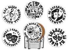 six black and white stickers with masks on them