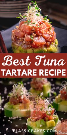 spicy tuna tartare recipe with cucumbers and sprouts on top