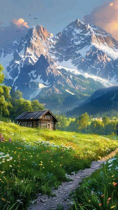 a painting of a mountain scene with a cabin in the foreground and wildflowers on the ground