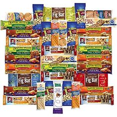 the variety of cereals and bars are arranged in a square pattern on a white background