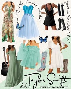 several different dresses and shoes are featured in this ad for taylor swift's the eras tour outfits